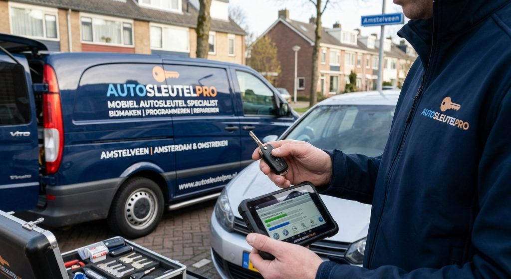 Mobiele autosleutel specialist AutosleutelPro programmeert een autosleutel op locatie in de regio Amsterdam
